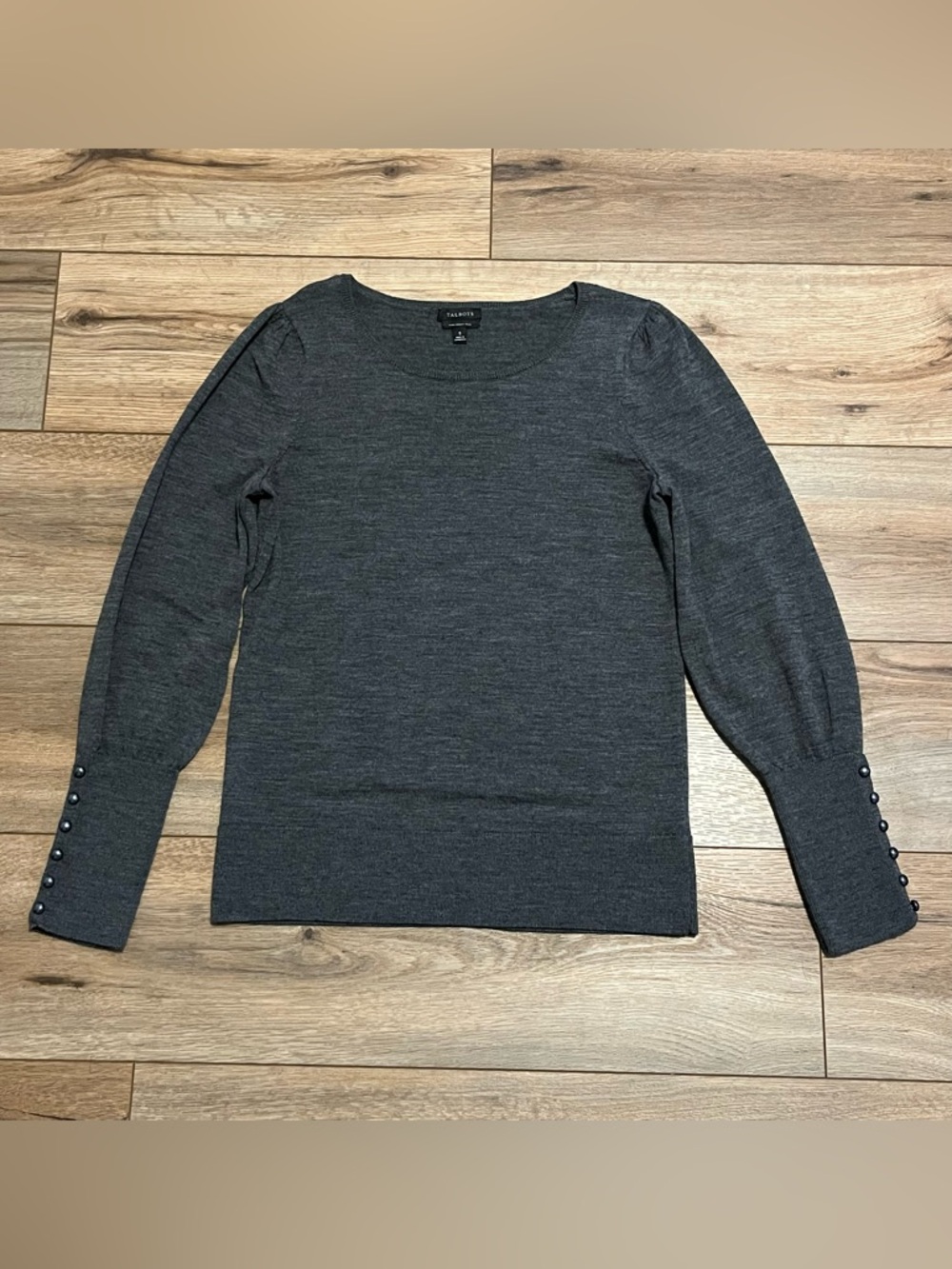 Talbots 100% Merino Wool Sweater SZ Small Gray Pullover Sleeve Cuff Buttons